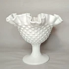 VTG Fenton White Milk Glass Hobnail Footed Compote Candy Dish Ruffled 6"