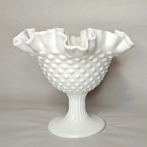 VTG Fenton White Milk Glass Hobnail Footed Compote Candy Dish Ruffled 6"