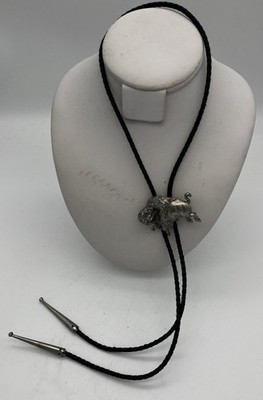 Fashionwest Bison Buffalo Western Bolo Tie Silver Tone Black Braid 1 1/2 x 2''