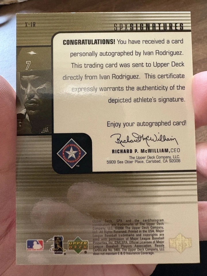 Upper Deck SPx IVAN PUDGE RODRIGUEZ 2000 automático en tarjeta raro Rangers Signatures Foto 2 de 2