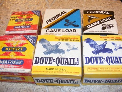 6 Empty Shotshell Boxes, 2 Winchester Dove & Quail, 2 Win. Xpert, 2 Federal Game