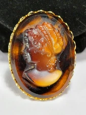 Vintage Gold Victorian Revival Glass Cameo Brooch Pin