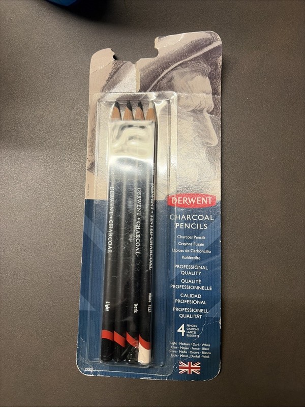 Derwent Charcoal Pencils 4-Pack Item No. 39000 Light, Medium, Dark, White NIP