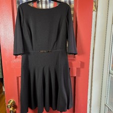 Tahari ASL Womens Black 3/4 Sleeve Dress A-Line Rear Zip Gold Waist Detail Sz 10