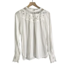 NWT Loft Women’s Lace Yoke Blouse Long Sleeve Top White Size XXS
