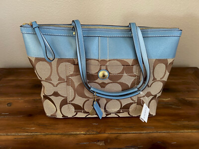 Coach Signature Stripe Khaki / Blue Shoulder Tote Purse + Dust Bag