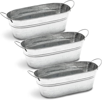 Galvanized Metal Oval Planter with Handles for Decor (11.8 X 5.5 X 4 In, 3 Pack)