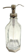 POLISHED SILVER TONE PUMP GLASS HEXAGON, VINTAGE LOOK SOAP DISPENSER