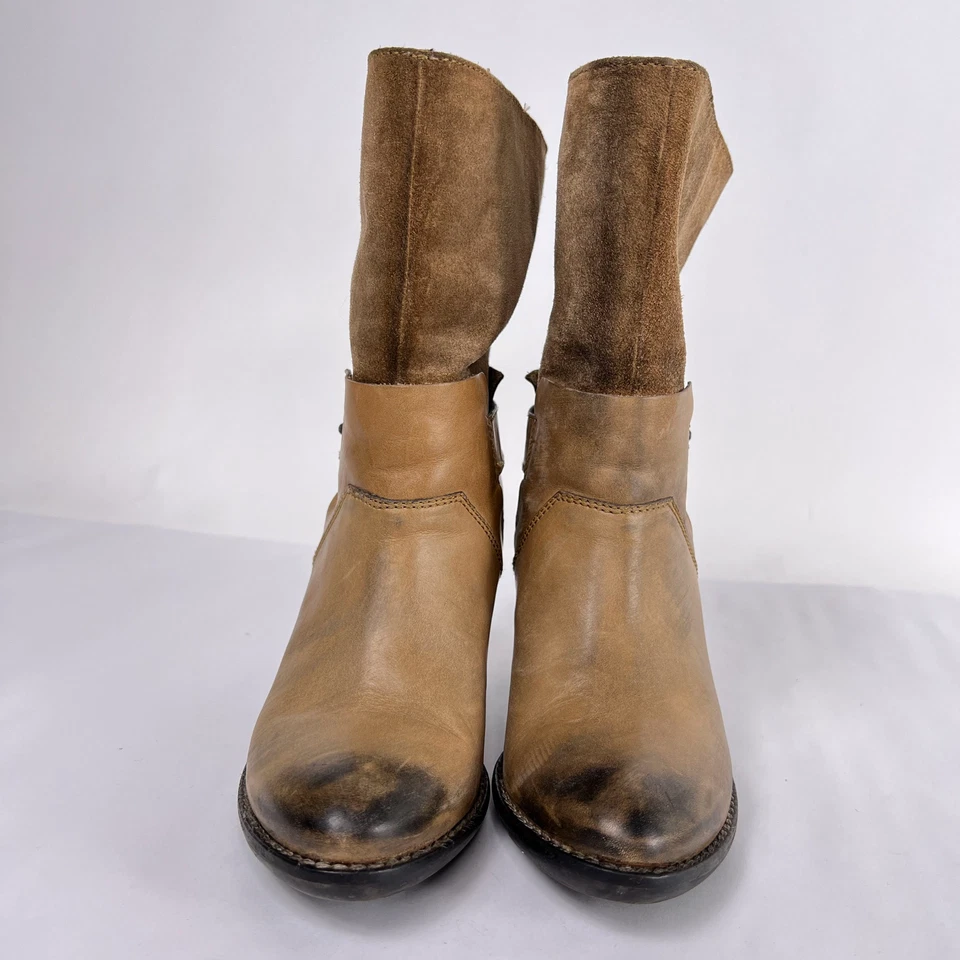 Janet & Janet Tan Brown Leather Distressed Boho Western Block Heel Boots Size 35 - Image 3 of 4