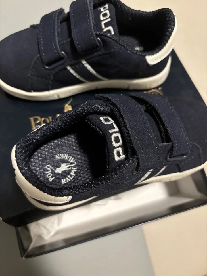 全新 Polo Ralph Lauren 学步儿童 男孩 皮革 Volley 运动鞋 海军蓝 尺码 6 全新带盒 — 第 4/4 张图片