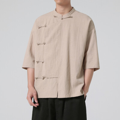 Men Cotton Linen Button Down Shirt 3/4 Sleeve Standing Collar Comfort  Blouse