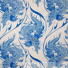 BonEful Fabric FQ Cotton Quilt VTG Blue White Asian Dragon Tattoo Tatsu Chinese