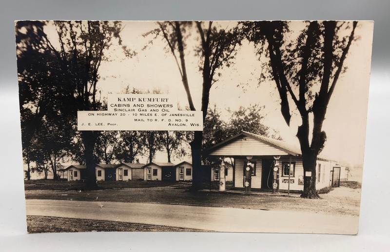 Vintage Real Photo RPPC Postcard Kamp Kumfort Sinclair Gas and Oil Avalon WI