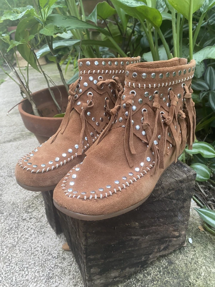 Botas ASH para mujer talla 6,5 EE. UU. Marrón Gamuza Tachuelas Flecos Botín Bota Sin usar, en caja Foto 3 de 4
