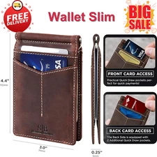 RFID Blocking Slim Bifold Wallet for Men, Genuine Leather Minimalist Money Clip