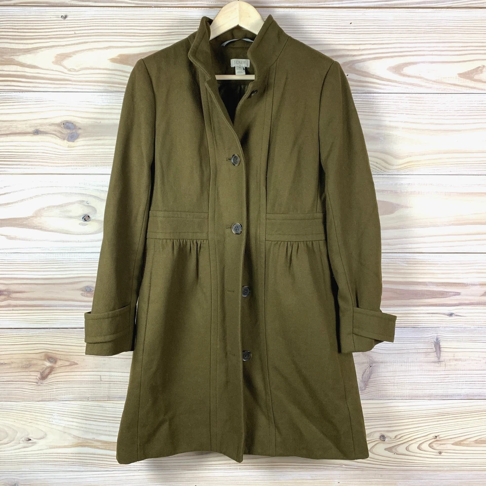 Abrigo J.Crew Mujer 8 Italiano Doble Tela Lana Verde Oliva Plisado Largo Medio Foto 2 de 4