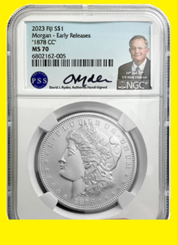 1878 CC MORGAN silver Dollar NGC MS 70 ER CARSON CITY FIJI SIGN D RYDER
