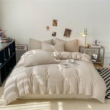 Gingham Duvet Cover Queen Size Brown Tan Plaid Checkered Comforter Cover Grid...