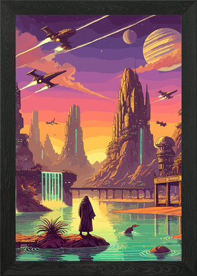 Sci-Fi Stadtbild mit Raumschiffen gerahmtes Wandbild Poster Leinwanddruck Bild