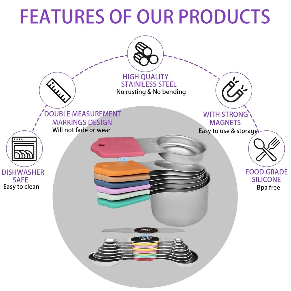 Multicolor Magnetic Measuring Cups and Spoons Set, Stainless Steel Dual Measu... - Image 4 of 4