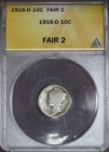 1916 D Mercury Dime 10C - ANACS Fair 2 FR2 - Demanded Coin #530