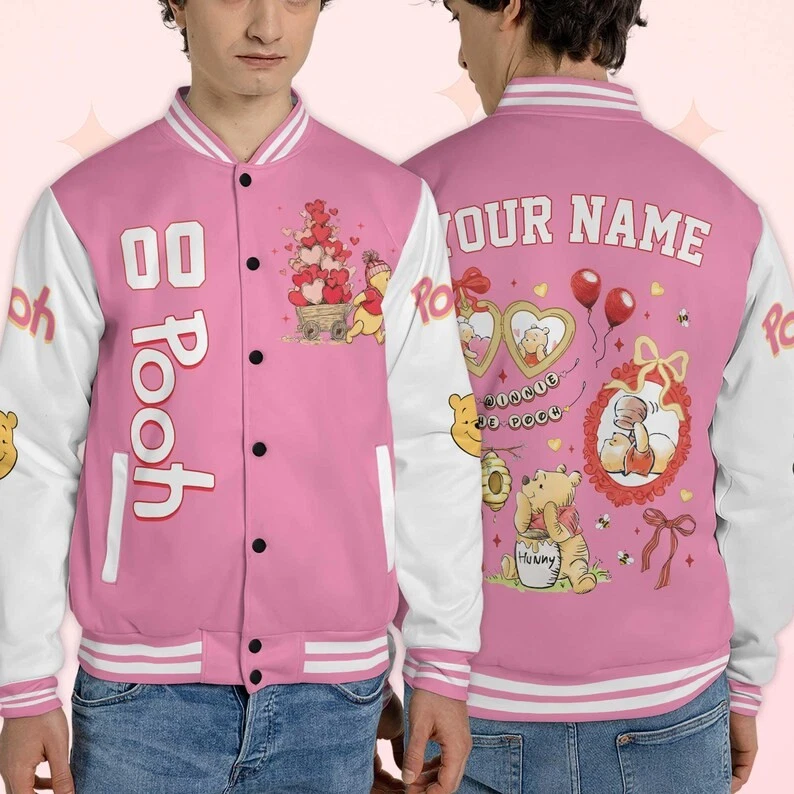 Personalized Cute Pooh Bear Winnie The Pooh Valentine Gift Baseball Jacket