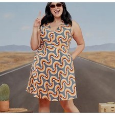 ModCloth Mod Well Rainbow Retro Swirl Print V Neck Sleeveless Dress Size 18