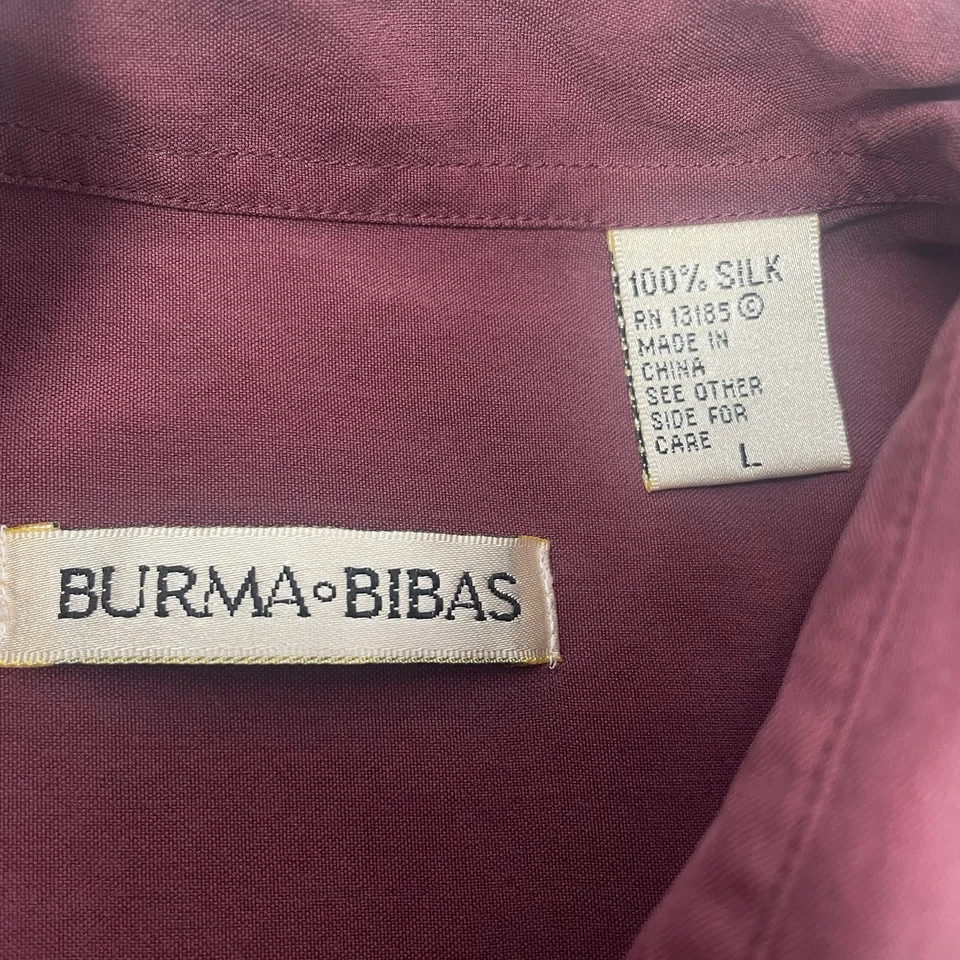 Bibas Birmania vintage para hombre granate seda abotonada manga corta con bolsillos talla L Foto 4 de 4
