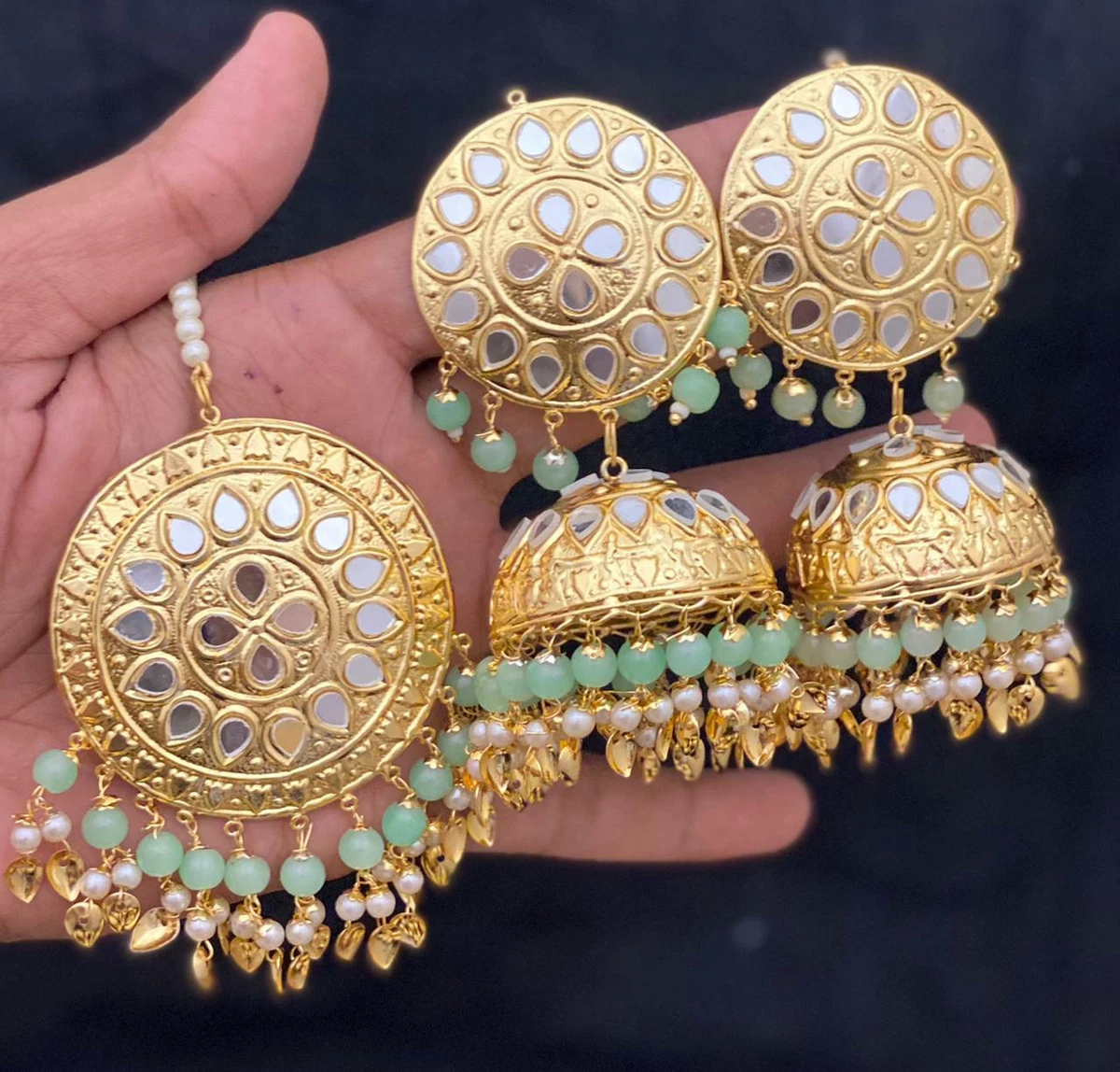 Mirror Rajasthani Jaipuri Gold Plated Tikka Earrings Jewelry Set ...