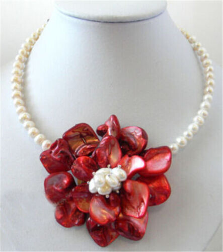 Handmade 70mm Red Shell Flower White Freshwater Pearl Necklace - Picture 1 of 8