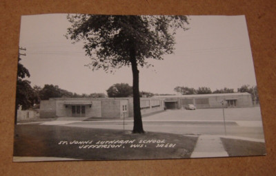 c1950 Jefferson Wisconsin RPPC St John's Lutheran School WI Town View Real Photo