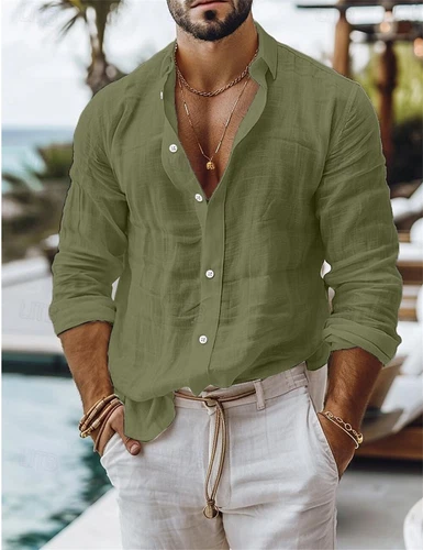 Camisa Para Hombre Algodón Lino Informal Camisas Ajustadas Manga Larga Con Botones Prendas para el torso Blusa - Imagen 4 de 19