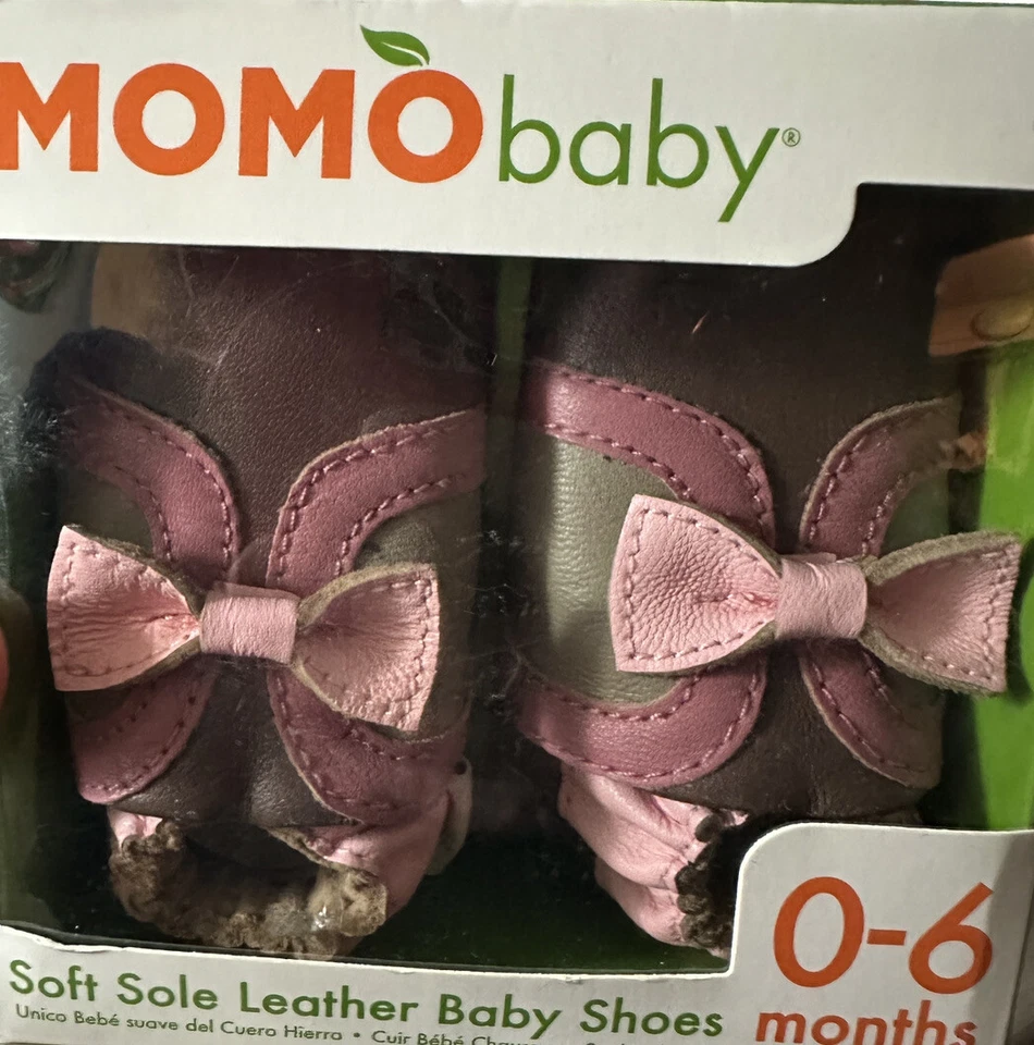 Momo Bebé 0-6 Meses Suela Suave Botín Cuero Bebé Zapatos Marrón Y Rosa Lazo Nuevo Foto 2 de 4