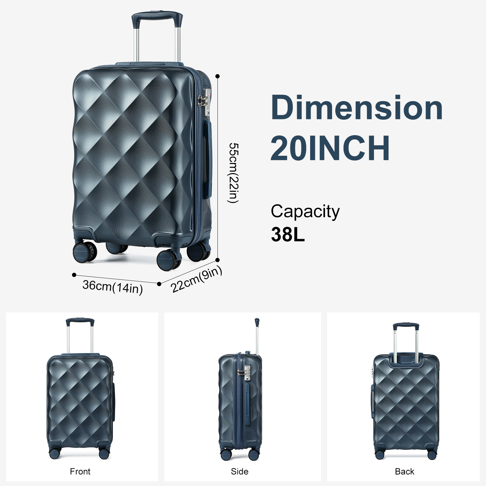 Hardshell Lightweight Travel Luggage Sets Suitcase Lock Diamond Cabin 20 inch