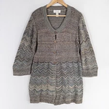 CJ Banks Sweater Women Sz 0X Teal Brown Variegated Cardigan Button Up 3/4 Sleeve