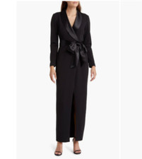 ELIZA J Black Satin V-Neck Shawl Belted Tie Waist Tuxedo Maxi Gown Dress 4 = S