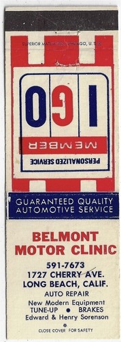 Belmont Motor Clinic Long Beach Calif. Oil & Gas Empty Matchcover