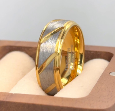 Gold Plated Tungsten Couple Ring Gift Silver Wire Brushed Finish Notched Band