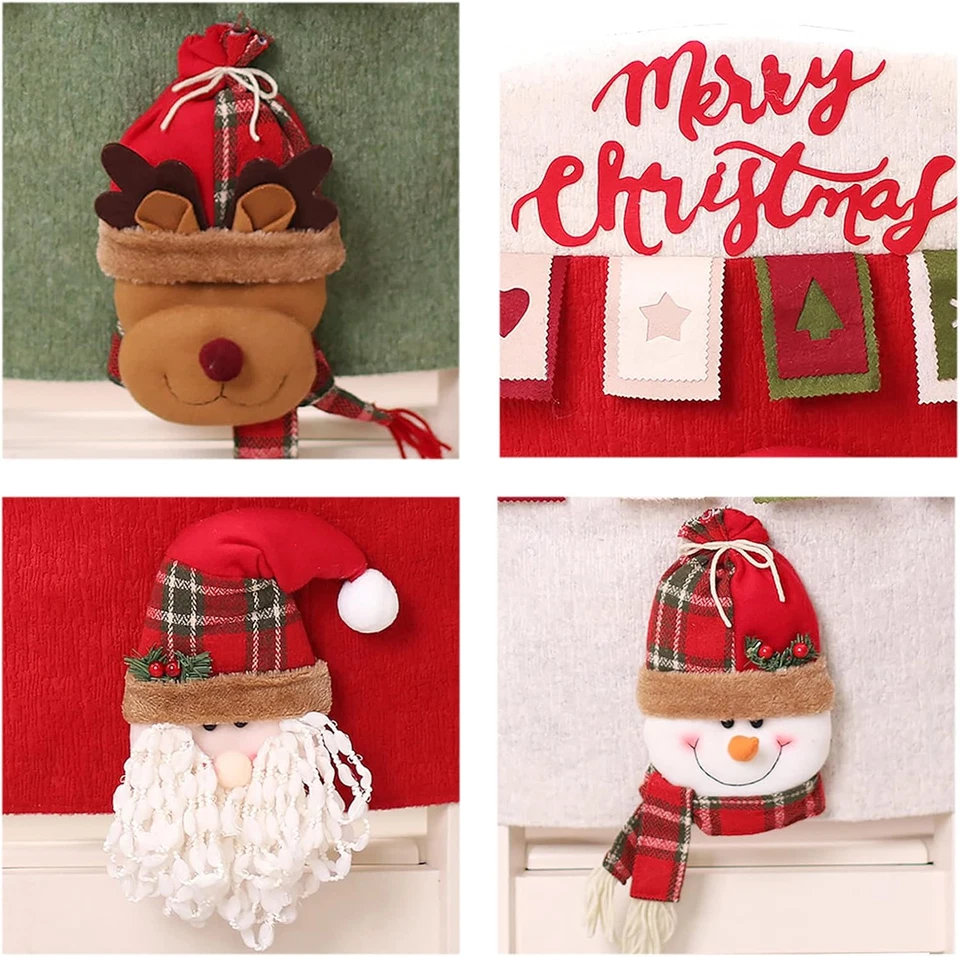 Christmas Chair Back Covers Set of 6 3D Cute Santa Claus Snowman Reindeer A - Image 3 of 4