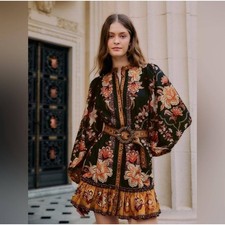 NWT FARM Rio Majestic Garden Black Floral Long Sleeve Belted Mini Dress Size XS