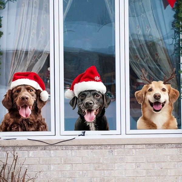 Weihnachts Fensterdeko Fensterbilder Hunde 3D Wirkung Wiederverwendbar Aufkleber-image