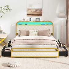 Queen Size Bed Frame with LED Lights  Charging Station Storage Headboard 