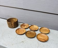 MID CENTURY JAPANESE OLIVE WOOD COASTER SET WITH HOLDER TIKI VINTAGE