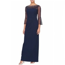 Alex Evenings Womens Dress Size 6 Blue Bead Embellished Illusion Crepe Gown New