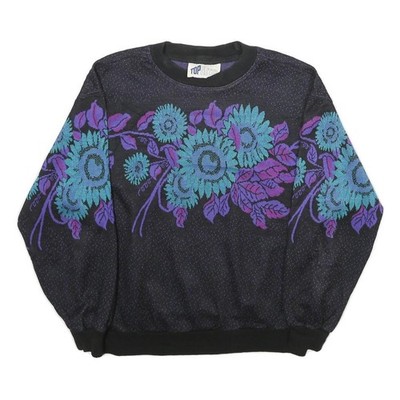 TOP Damen Pullover schwarz blau lila Blumenmuster Rundhals Basic Strick