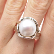 HAGIT GORALI 925 Sterling Silver Vintage Real Pearl Modernist Ring Size 8