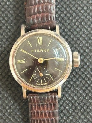 Vintage Eterna Lady - 1940er Jahre - seltenes schwarz vergoldetes Zifferblatt - hauseigenes Kaliber - 21,5 mm