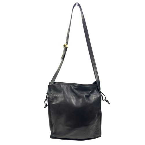 Loewe Anagram Black Leather Shoulder Bag Adjustable Strap Side Drawstring Spain