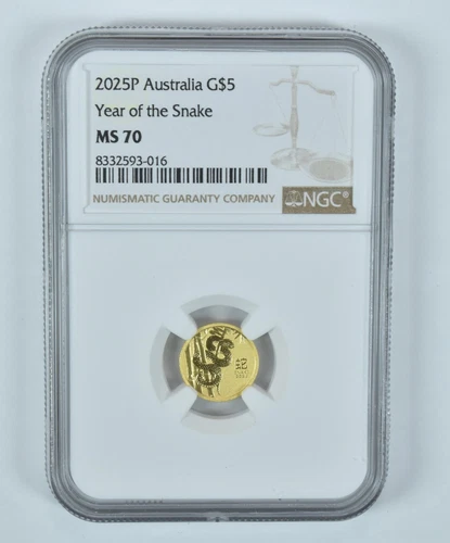 2025 P Australia 5 Dollars Gold Year Of The Snake 1/20 Oz MS70 NGC Brown Label