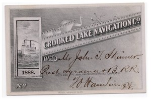 1888 Crooked Lake Navigation Co. New York Annual Pass signed by T. O. Hamlin
